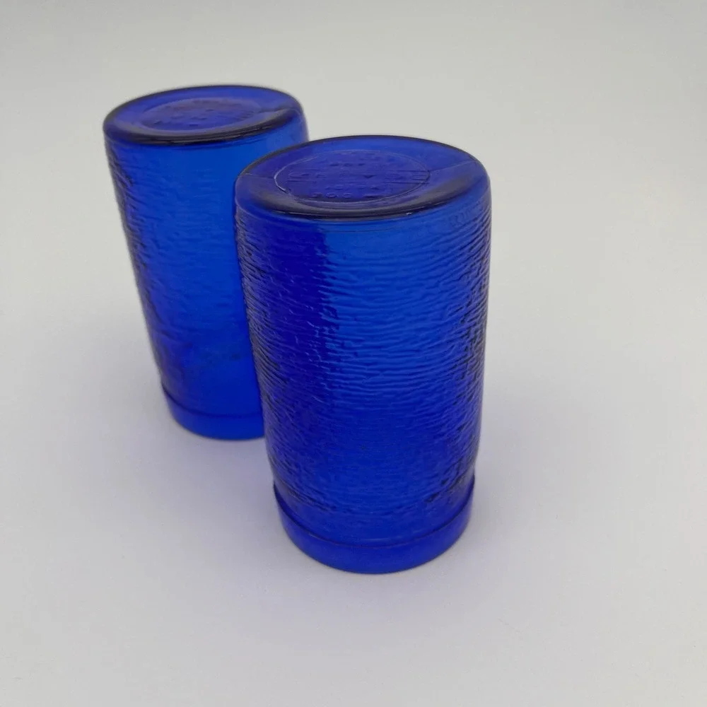 Vintage Cobalt Blue Textured Bark Glass Tumblers Set of 2 Drinking Glasses